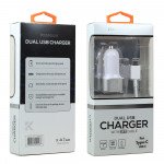 Wholesale USB-C Type C Phone, Tablet 2.4A Dual 2 Port Car Charger 2in1 with 3FT USB Cable (Car - White)